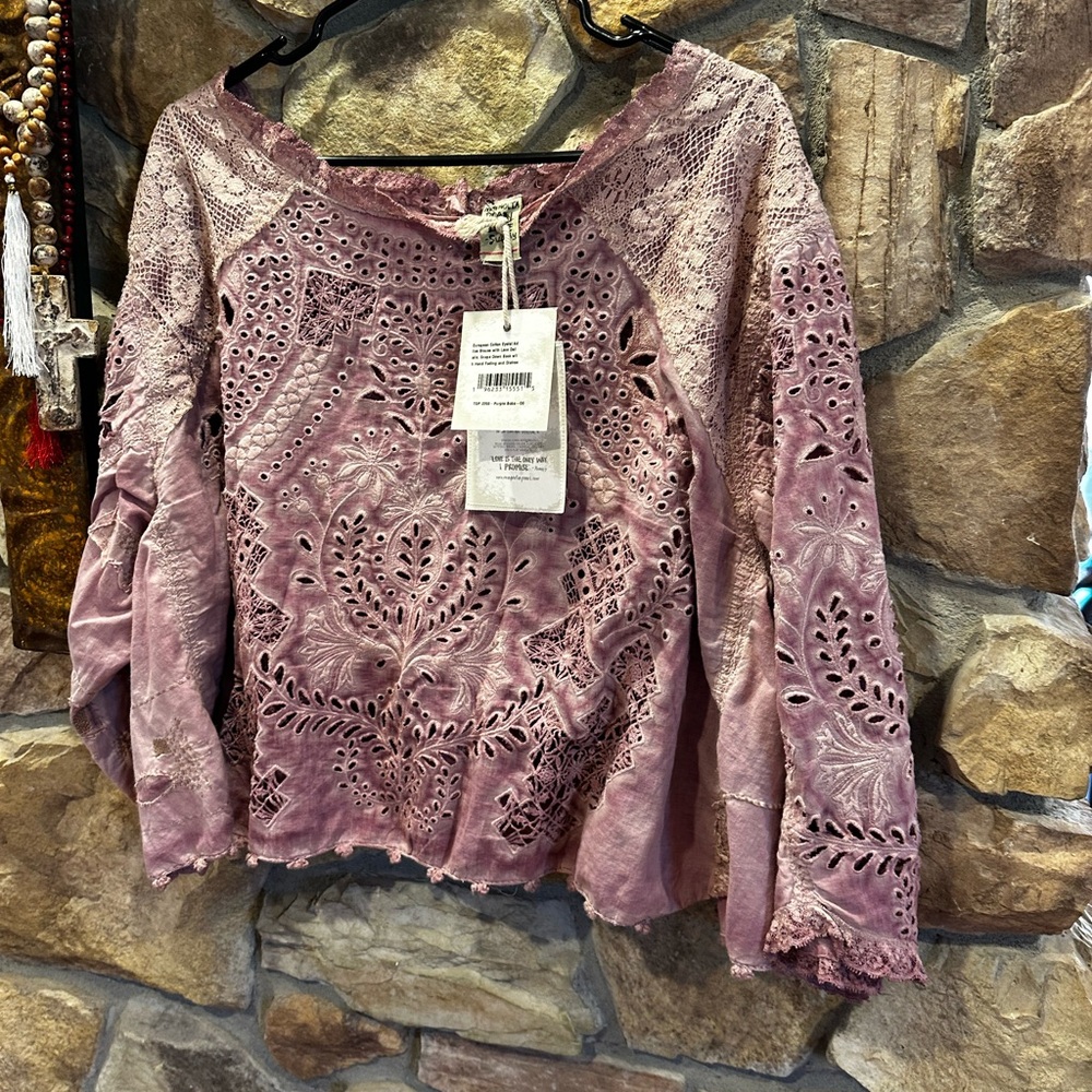 Magnolia Pearl Dusty Mauve Eyelet Cutwork Long Sleeve Top NWT